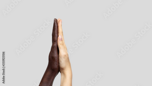 Fotomural Black-and-white human hands touch palms to show each other friendship and respect