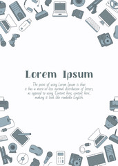 Fototapete - Electronic devices - vertical card with text and vector color illustrations of technique and computer for graphic design