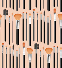 Wall Mural - Pattern with makeup brushes on a beige background.