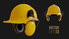 Set Of Isolated Yellow Hard Hats With Ear Defenders. Realistic 3D Vector