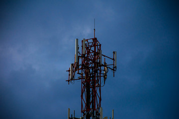 Telecommunication tower of 4G and 5G cellular. Antenna transmission communication. Cell phone signal base station.