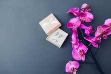 Classsic Stylish Female Jewelry. Silver Ring Earrings With Pearls In Gift Box With Pink Orchid. Fashionable Accessories