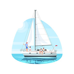 Sticker - Family on regatta semi flat vector illustration. Man with daughter on boat. Mother with son on ship. Private yacht for voyage. Summer recreation 2D cartoon characters for commercial use