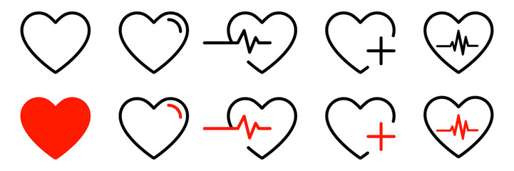 Poster - Heart icons isolated vector signs. Collection of vector heartbeats signs or linear icons. Cardiogram heart concept. EPS 10