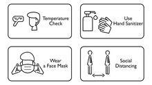 COVID -19 Protection Policies : Temperature Check, Use Hand Sanitizer, Wear A Face Mask, Social Distancing. Suit For Sign In Reopen Restaurants, Store, Office Etc. Line Icon. Vector Illustration.