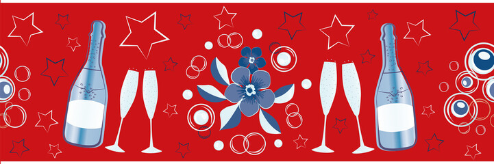 Wall Mural - Champagne icons and stars vector seamless border. Champagne flutes, bottles, fizz, flower bouquet red, blue, white banner. Stylish repeat edging, ribbon for party, celebration, 4th July concept