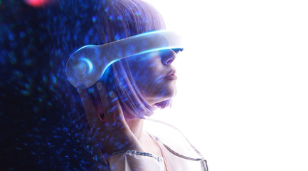 Wall Mural - Beautiful woman with purple hair over white background. Girl in glasses of virtual reality. Augmented reality, game, future technology, AI concept. VR. Blue neon light. Double exposure portrait.