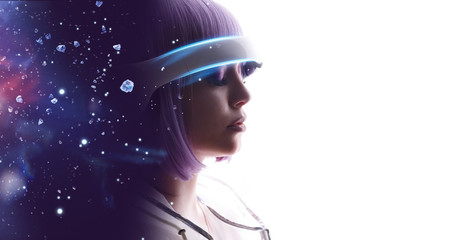Wall Mural - beautiful woman with purple hair in futuristic costume over white background. girl in glasses of vir