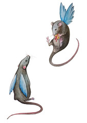 two rats with wings. Watercolor hand drawn illustration