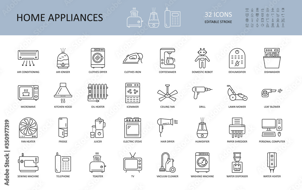 Vector home appliances icons. Collection of 32 editable stroke icons ...