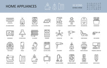 Vector Home Appliances Icons. Collection Of 32 Editable Stroke Icons. Electronic Equipment For Cooking, Cleaning, Laundry, Beauty. Vacuum Cleaner, Conditioning, Ionizer, Humidifier, Dishwasher, Toaste
