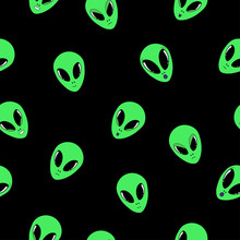 Vector Illustration. Cute Seamless Pattern With Green Alien Faces With Different Emotions Isolated On Black. Hand Drawn Doodle Clipart. Space Theme. Ideal For Textile, Poster, Banner, Gift Wrapping.