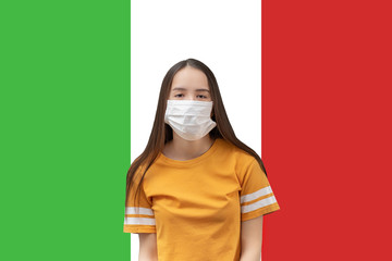 Poster - Coronavirus in Italy. Young girl in antibacterial medical mask on a flag background