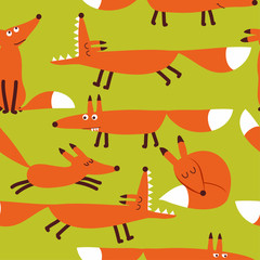 Poster - Fox pattern design with several foxes - funny handdrawn doodle, seamless pattern. Lettering poster or t-shirt textile graphic design. wallpaper, wrapping paper, background. Scandinavian Style woodland