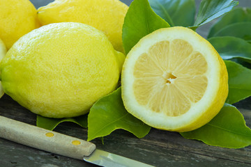 Wall Mural - natural lemons with green leaves, fruit and citrus