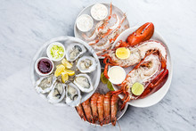 Mixed Seafood Platter Of Oysters, Lobster And King Prawns 