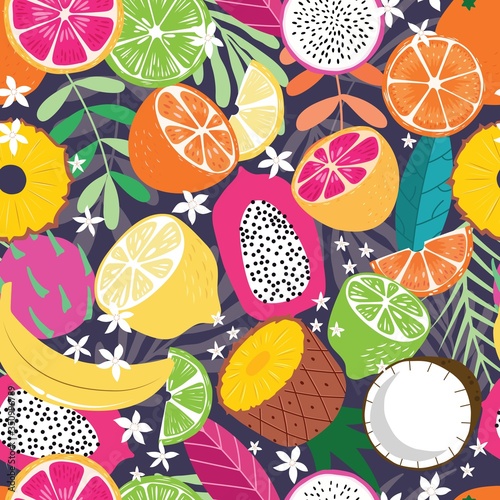 owocowy-bezszwowy-wzor-kolekcja-egzotyczne-tropikalne-owoc-z-roslinami-i-kwiatami-na-ciemnym-purpurowym-tle-zywy-design-latem-ilustracja-kolorowy-wektor