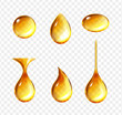 Realistic oil drops. Shine yellow droplets set. Honey liquid drop collection, dripping transparent mashine oil vector.