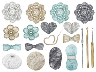 Crochet Shop concept of hooks, Ball of yarn, crocheted heart, bow, hook, flowers. Watercolor Hand drawn hobby Knitting and Crocheting on white background. Elements set scandinavian style clipart