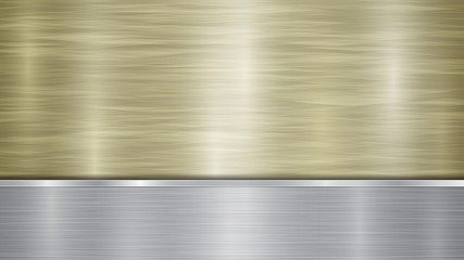 Background consisting of a golden shiny metallic surface and one horizontal polished silver plate located below, with a metal texture, glares and burnished edges