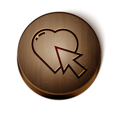 Brown line Heart and cursor click icon isolated on white background. Online dating. Click on like button. International Happy Women Day. Wooden circle button. Vector