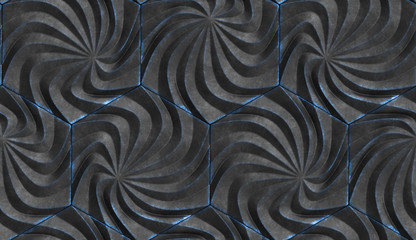 Wall Mural - 3D background of a black 3D embossed panels in the form of hexagons with the wavy structure and worn with blue edges.