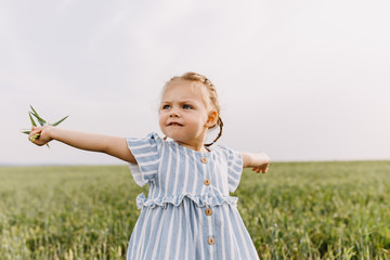 Wall Mural - Little blonde girl with two braids, holding wheat, standing in an open green field. Concept of agriculture and harvest.