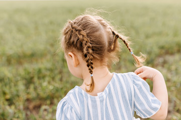 little anonymous girl with two braids, close-up, on green wheat grass background.