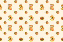 Burger Seamless Continuous Pattern Background Design, Isolated On White Background