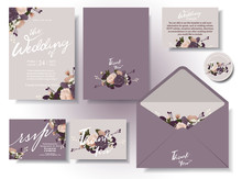Vintage Wedding Invitation Card In Lavender Tone, With Flowers And Berries Writing Around The Frame .rsvp . Envelopes. Decorated In Sets. Illustration/vector