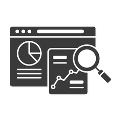 Seo research black glyph icon. Search engine optimization sign. Analysis and analitycs web page concept. Keyword search. Digital marketing symbol.