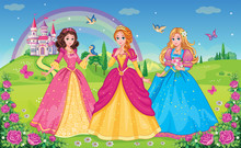 Set  Beautiful Elf Princesses. Children's Background With Castle, Rainbow And Fabulous Flower Meadow. Wallpaper For Girl. Wonderland. Cartoon Illustration. Postcard For Friends Or Family. Vector.