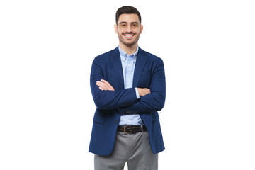 Young teacher wearing blue blazer, casual shirt and trousers, holding arms crossed, looking at camera with confident happy smile, isolated on white background