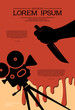 Cinema background for a horror movie festival design. Silhouette of cinema projector and hand holding a knife in a puddle of blood. Retro film festival template. Scary cinema. Horror film night.