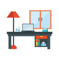 Canvas Print - scene of workplace with desk and equipments vector illustration design