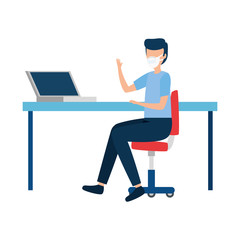 Wall Mural - young man using face mask in workplace vector illustration design