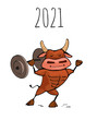 Ox ,bull symbol of the 2021 new year, ox, bull sports and fitness fun cartoon vector illustration for a postcard or calendar. Strong bull raises the barbell.