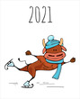 Ox ,bull symbol of the 2021 new year, ox, bull sports and fitness fun cartoon vector illustration for a postcard or calendar. A strong bull skates.