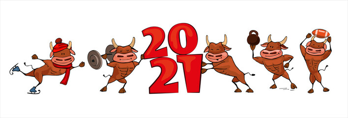 Wall Mural - Ox, bull symbol of the 2021 new year, ox, bull sports and fitness fun cartoon vector seamless pattern illustration for web.