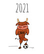 Ox ,bull symbol of the 2021 new year, ox, bull football and fitness fun cartoon vector illustration for a postcard or calendar.