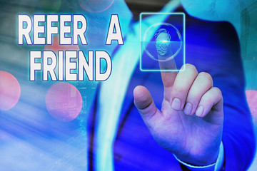 Poster - Handwriting text Refer A Friend. Conceptual photo direct someone to another or send him something like gift