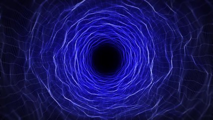 Poster - Abstract motion digital wormhole or tunnel. Blue colored particle grid and lines. Glow effect. Way through the network. Technological backdrop. Futuristic concept. Seamless VJ Loopable 3D 4K Animation