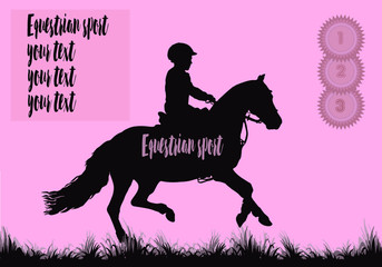 little girl rides a Welsh pony, children's equestrian sport, isolated black silhouette on a pinck background ,  place for your text, postcard