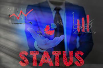 Poster - Writing note showing Status. Business concept for situation at a particular time during a process Professional position