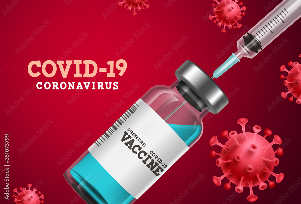 Coronavirus vaccine vector banner. Covid-19 coronavirus vaccine bottle and syringe injection for covid19 immunization treatment in red background. Vector illustration.
 - obrazy, fototapety, plakaty 