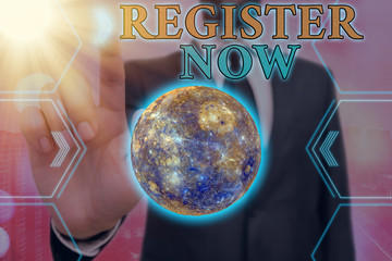 Poster - Handwriting text writing Register Now. Conceptual photo official list or record showing or things into web or forum Elements of this image furnished by NASA