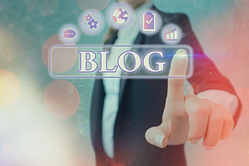Poster - Conceptual hand writing showing Blog. Concept meaning regularly updated website web page run by individual