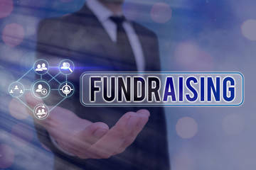 Text sign showing Fundraising. Business photo text act of collecting or producing money for a particular purpose