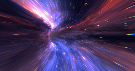 Poster - Abstract energy tunnel in space. Wormhole travel through time and space. Wormhole space deformation, science fiction. Black hole, vortex hyperspace tunnel. 3D rendering