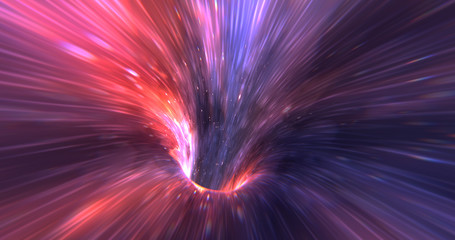 Poster - Abstract energy tunnel in space. Wormhole travel through time and space. Wormhole space deformation, science fiction. Black hole, vortex hyperspace tunnel. 3D rendering
